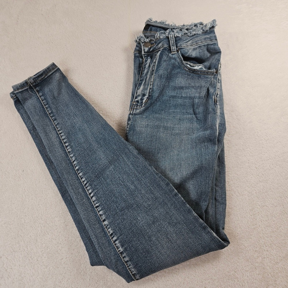 Between Us Women Blue Frayed Raw Waist Skinny Jeans Size 16 High Rise Stretch